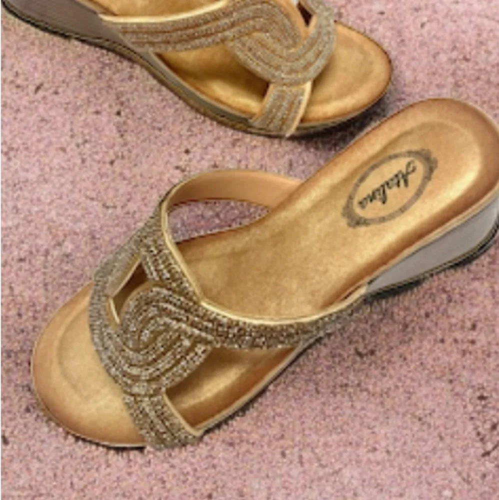 Italina Champagne Rhinestone Embellished Faux Leather Low Heeled Wedge Sandal
